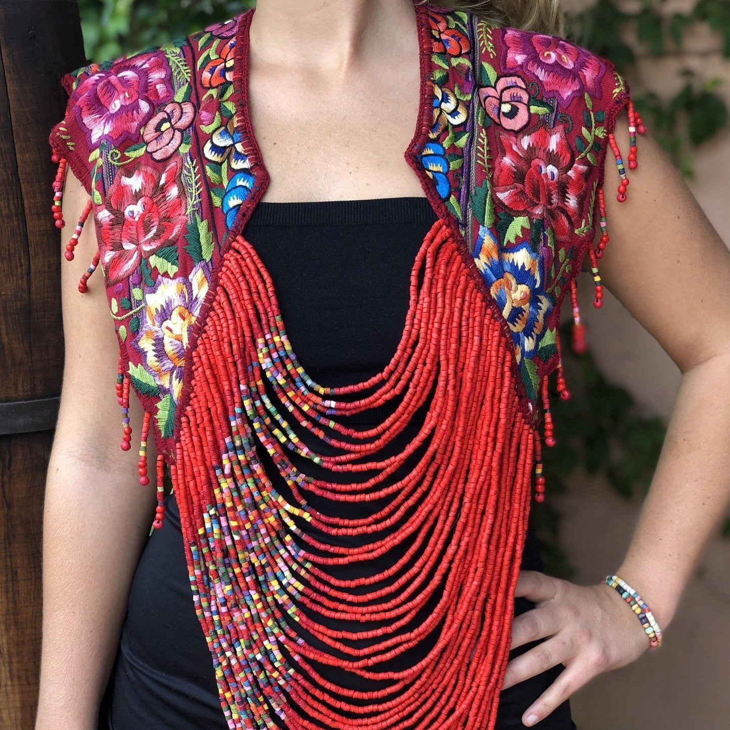 Textile Shoulder Pieces with Beaded Chains - "Huipil"