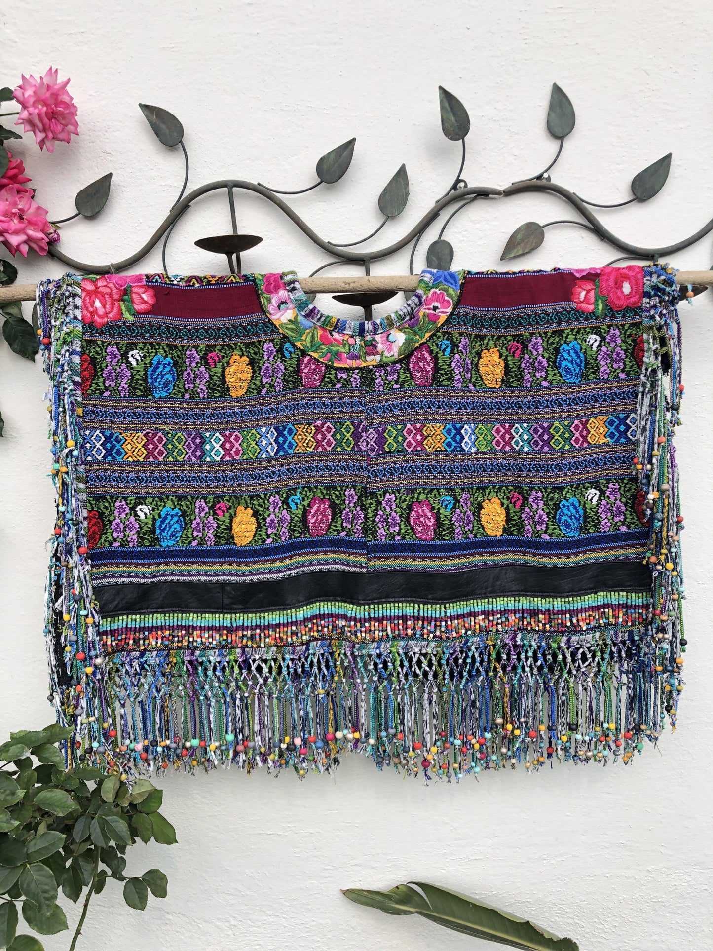 Shawl Poncho with Fringes - "Huipil Flor"