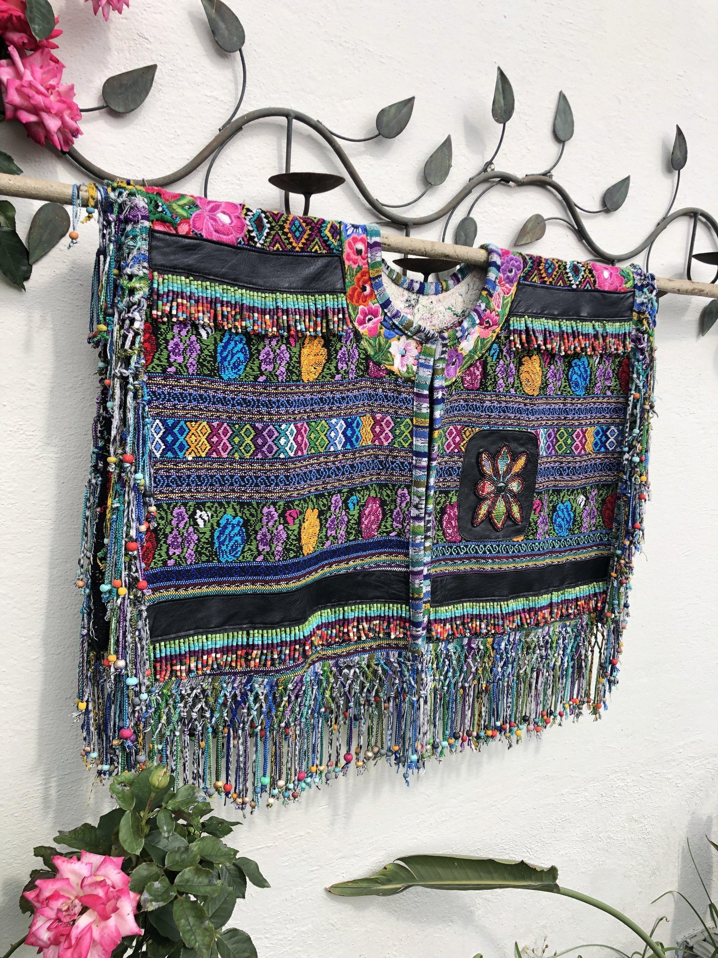 Shawl Poncho with Fringes - "Huipil Flor"