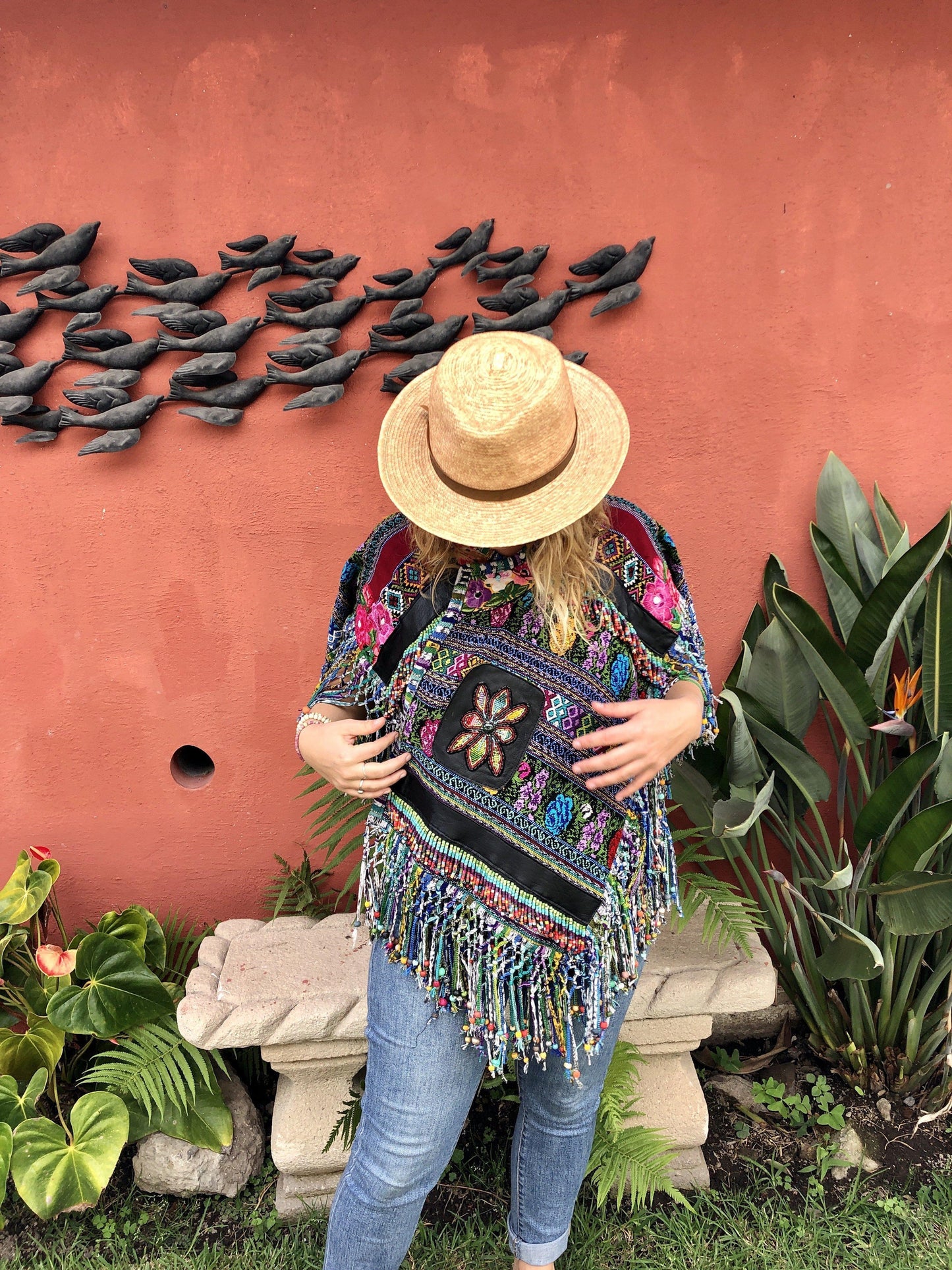 Shawl Poncho with Fringes - "Huipil Flor"