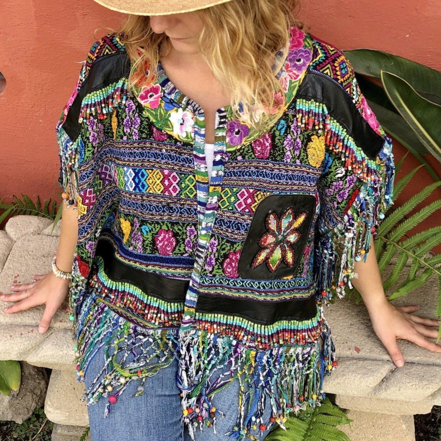 Shawl Poncho with Fringes - "Huipil Flor"