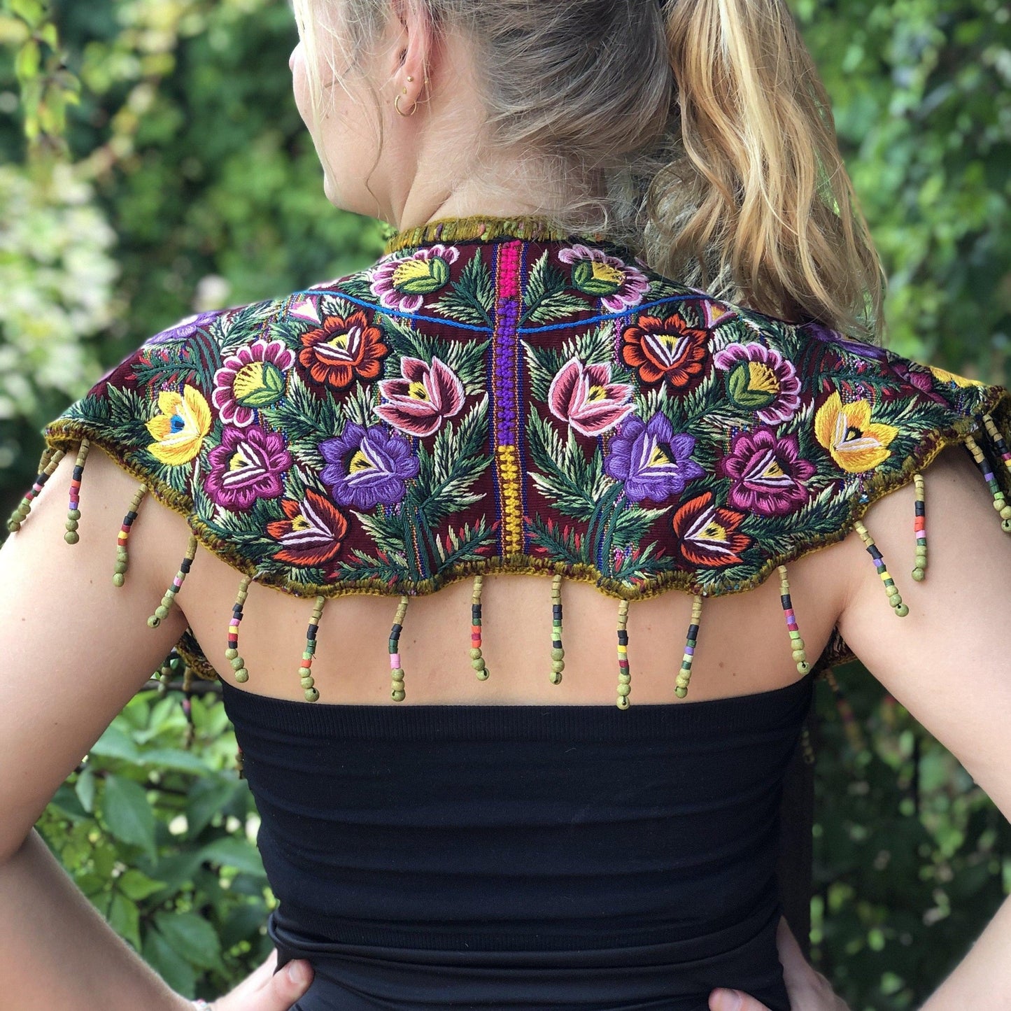 Textile Shoulder Pieces with Beaded Chains - "Huipil"