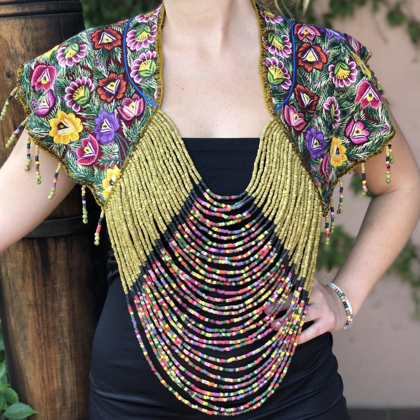 Textile Shoulder Pieces with Beaded Chains - "Huipil"