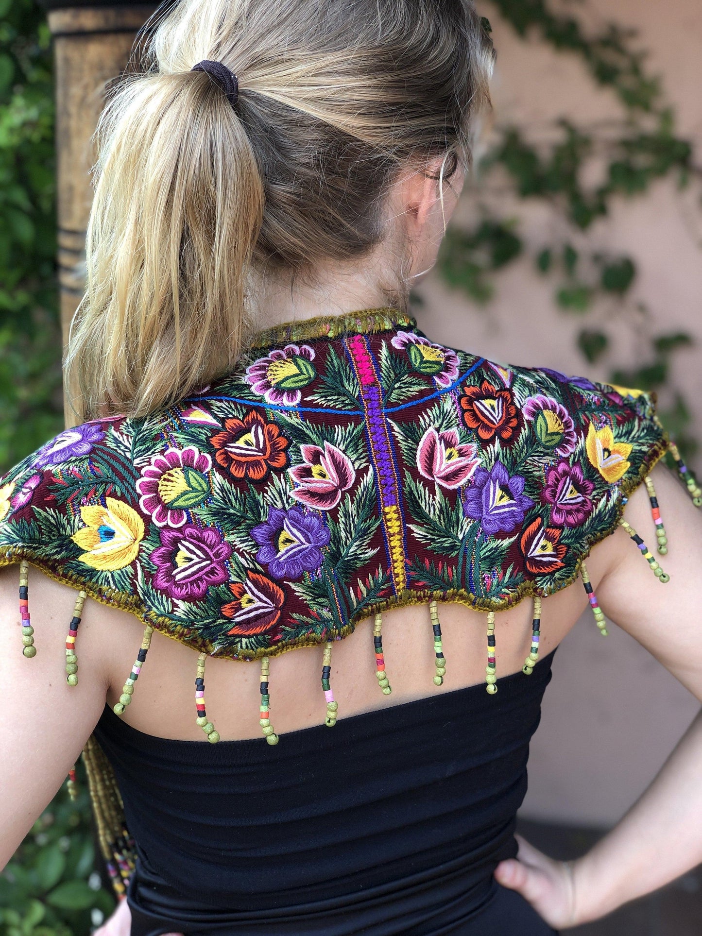 Textile Shoulder Pieces with Beaded Chains - "Huipil"