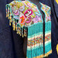 Embroidered Cape with Beaded Fringes - "Capa Flecos", sapphire