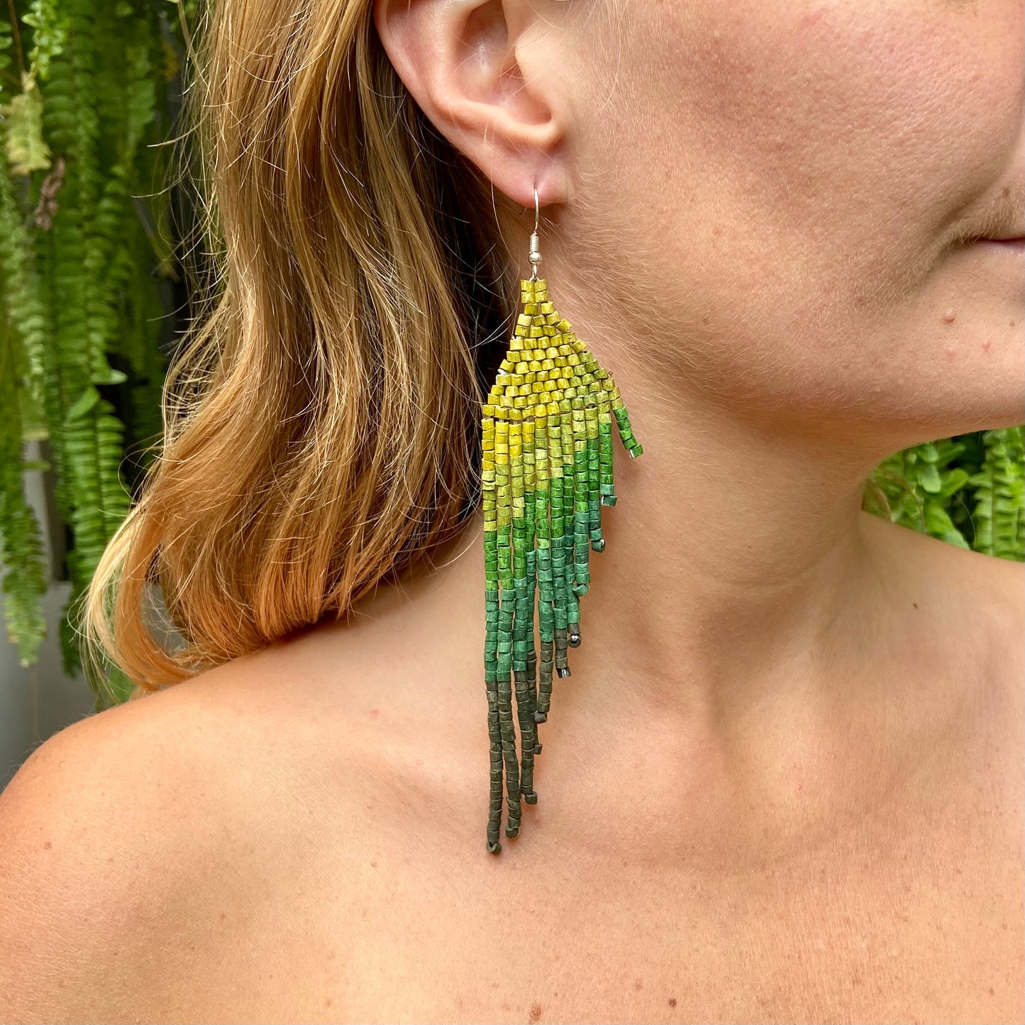 Long Beaded, Dangle Earrings - "Quetzal Synergy", handmade