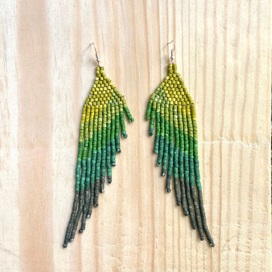 Long Beaded, Dangle Earrings - "Quetzal Synergy", handmade