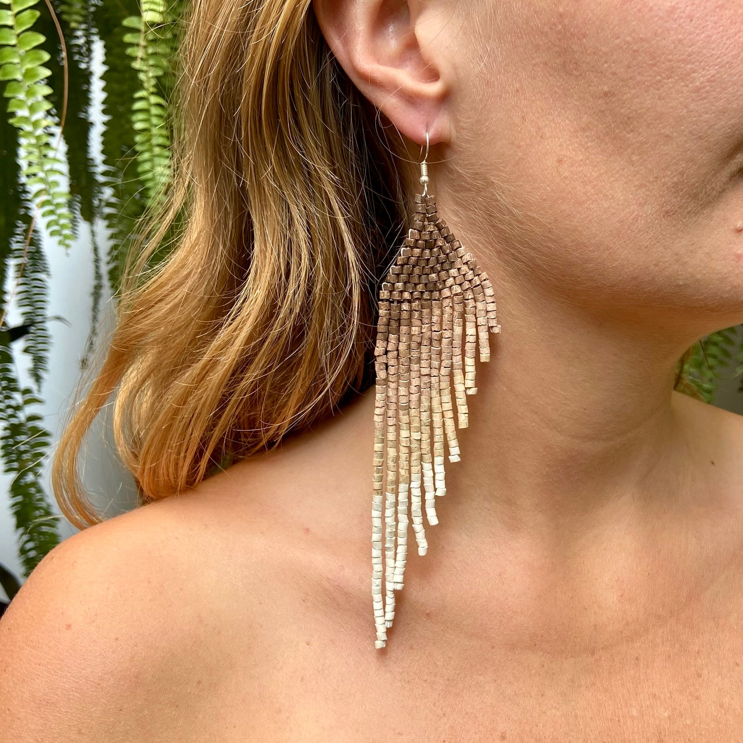Long Beaded, Dangle Earrings - "Quetzal Synergy", handmade