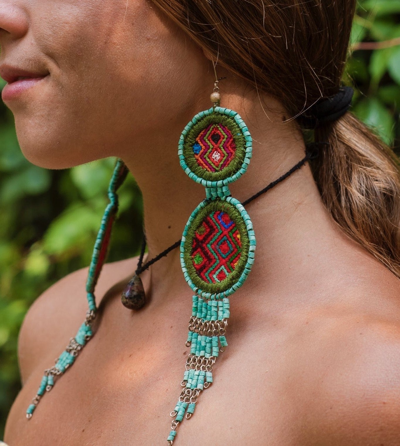 Embroidery, Beaded, Dangle Earrings - "Tulum", handmade