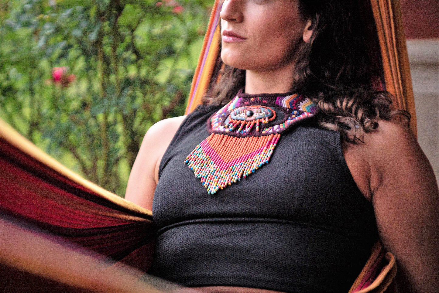 Embroidered Textile Necklace with Sculpture & Jade - "Ojo Cósmico"