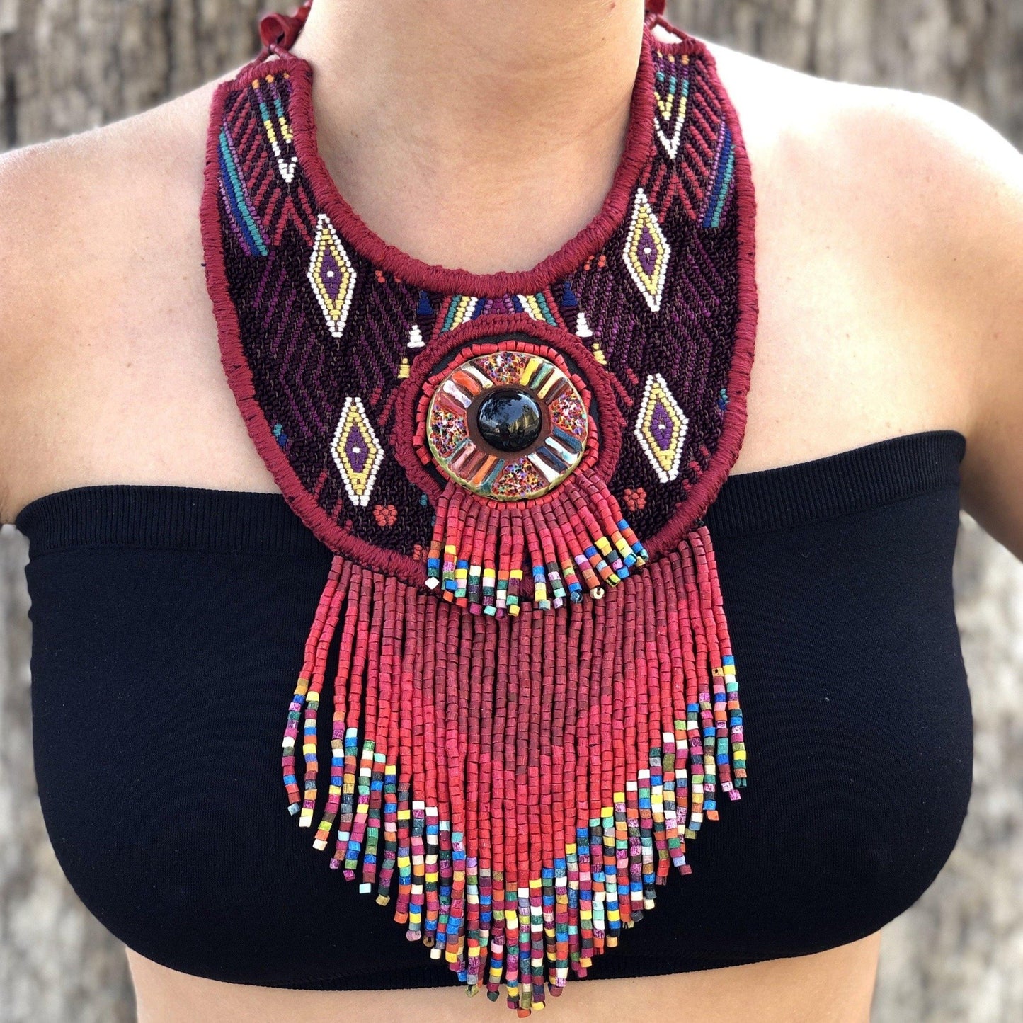 Embroidered Textile Necklace with Sculpture & Jade - "Ojo Cósmico"