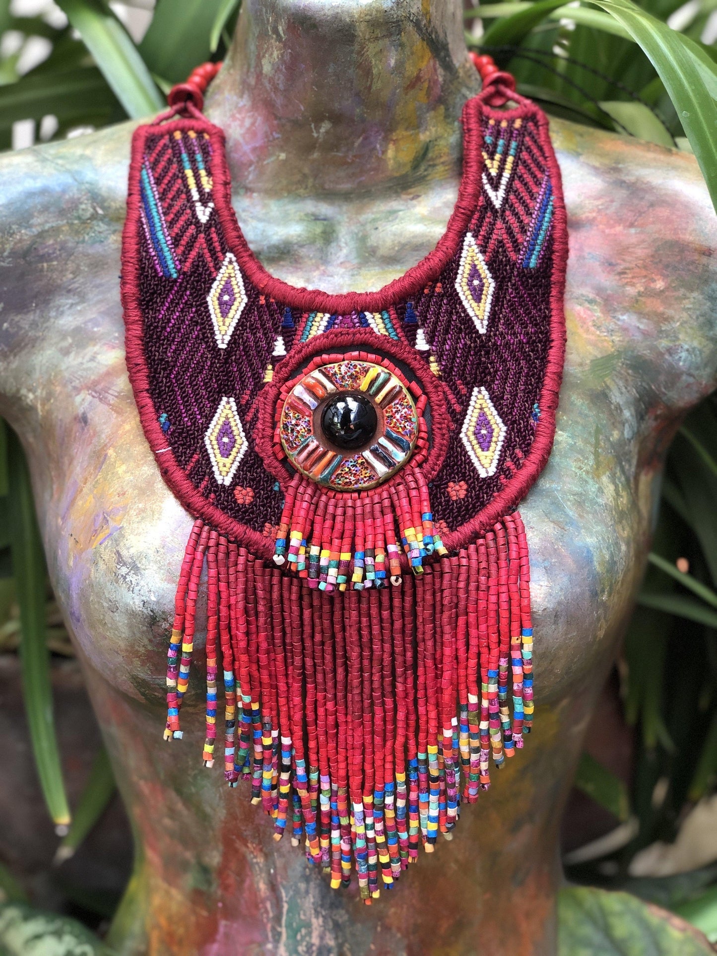 Embroidered Textile Necklace with Sculpture & Jade - "Ojo Cósmico"