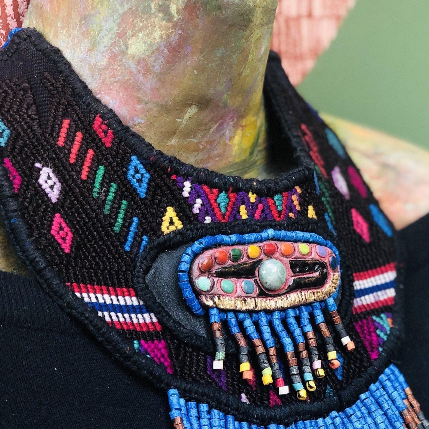 Embroidered Textile Necklace with Sculpture & Jade - "Ojo Cósmico"