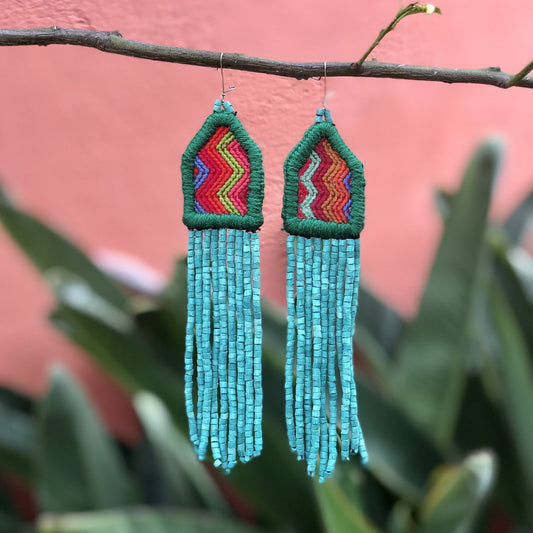 Embroidery, Beaded, Dangle Earrings - "Palenque", handmade