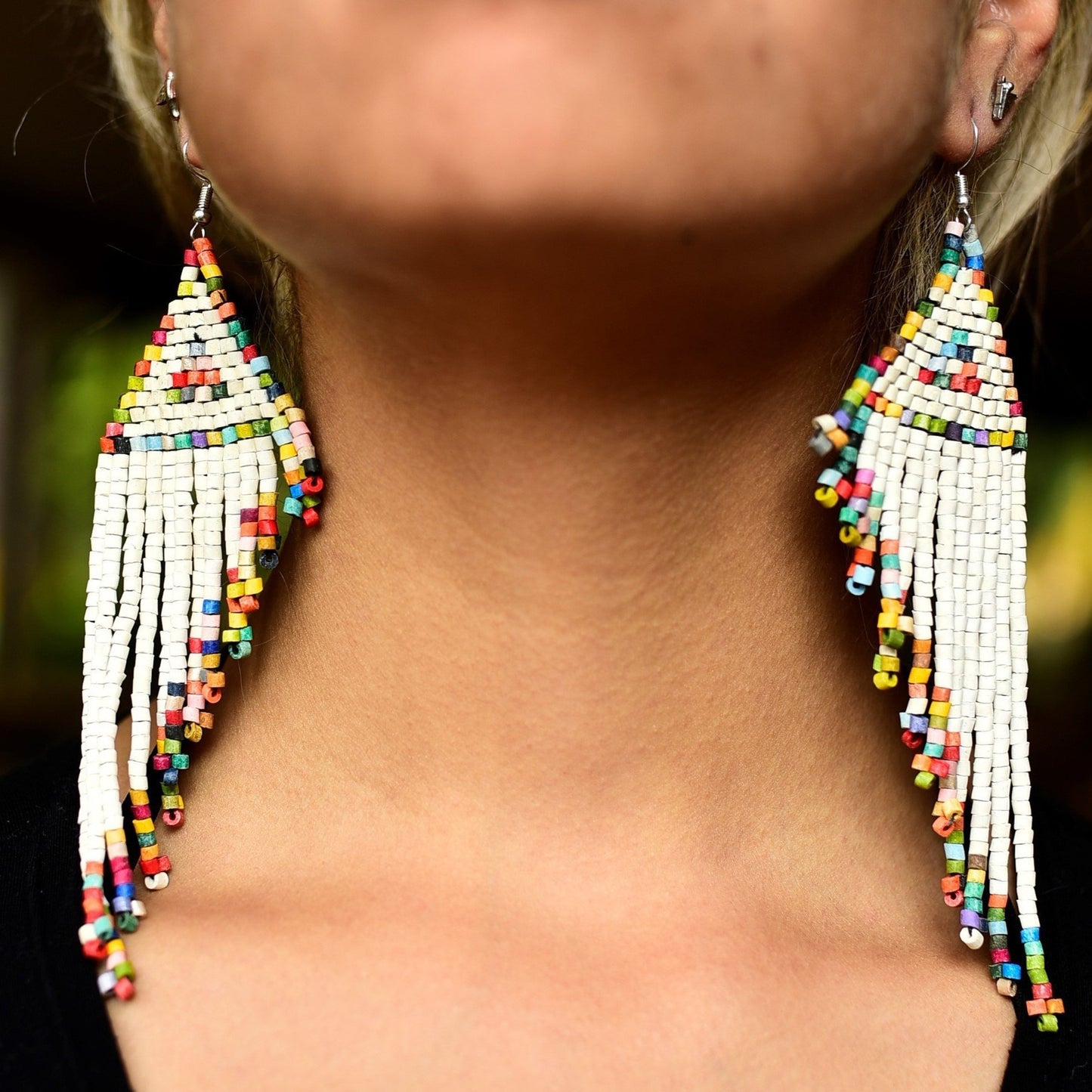 Long Beaded, Dangle Earrings - "Quetzal Edge", handmade