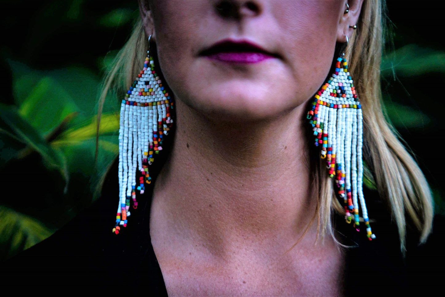 Long Beaded, Dangle Earrings - "Quetzal Edge", handmade