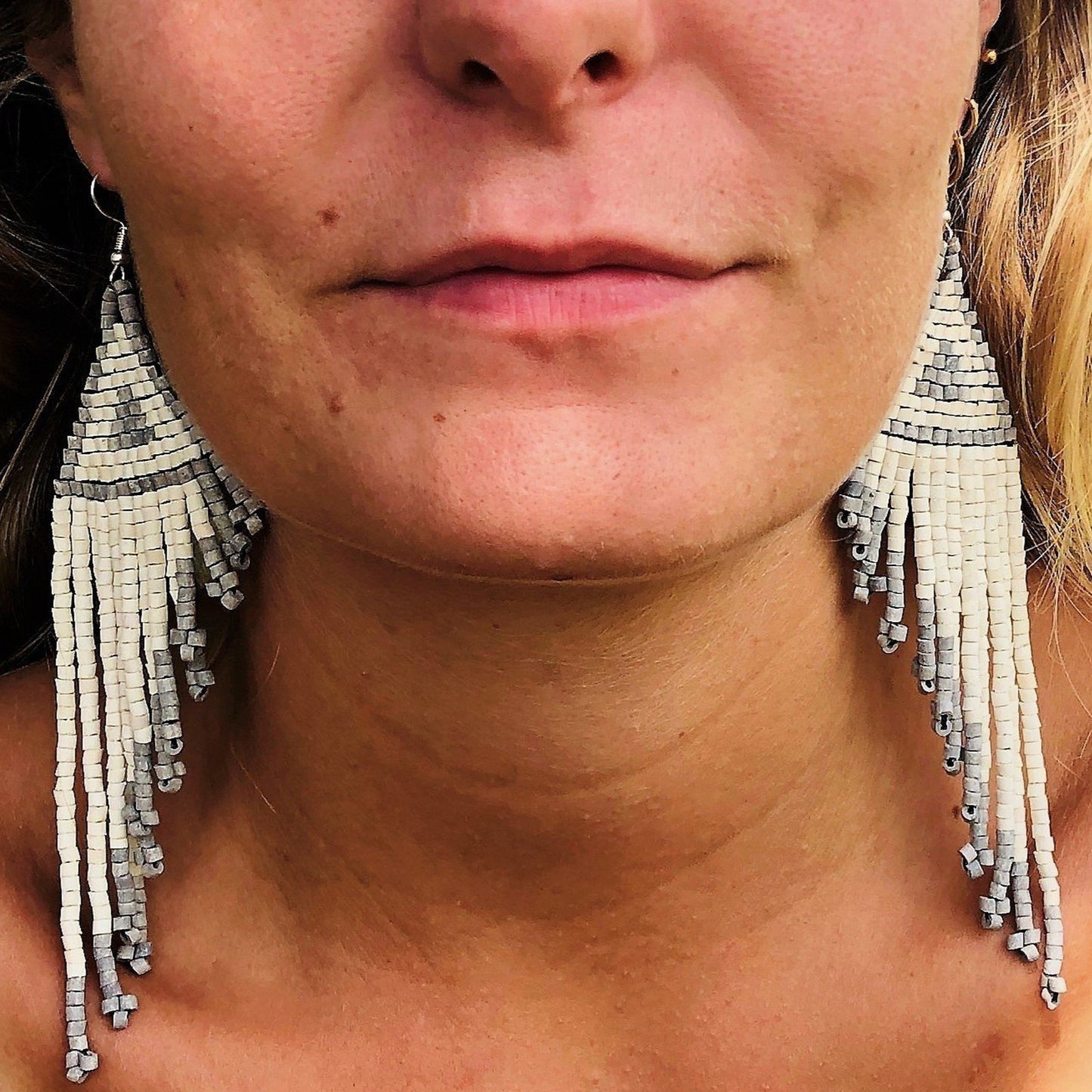 Long Beaded, Dangle Earrings - "Quetzal Edge", handmade