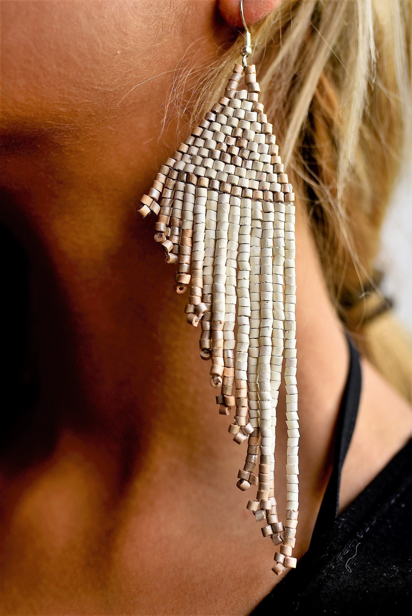 Long Beaded, Dangle Earrings - "Quetzal Edge", handmade