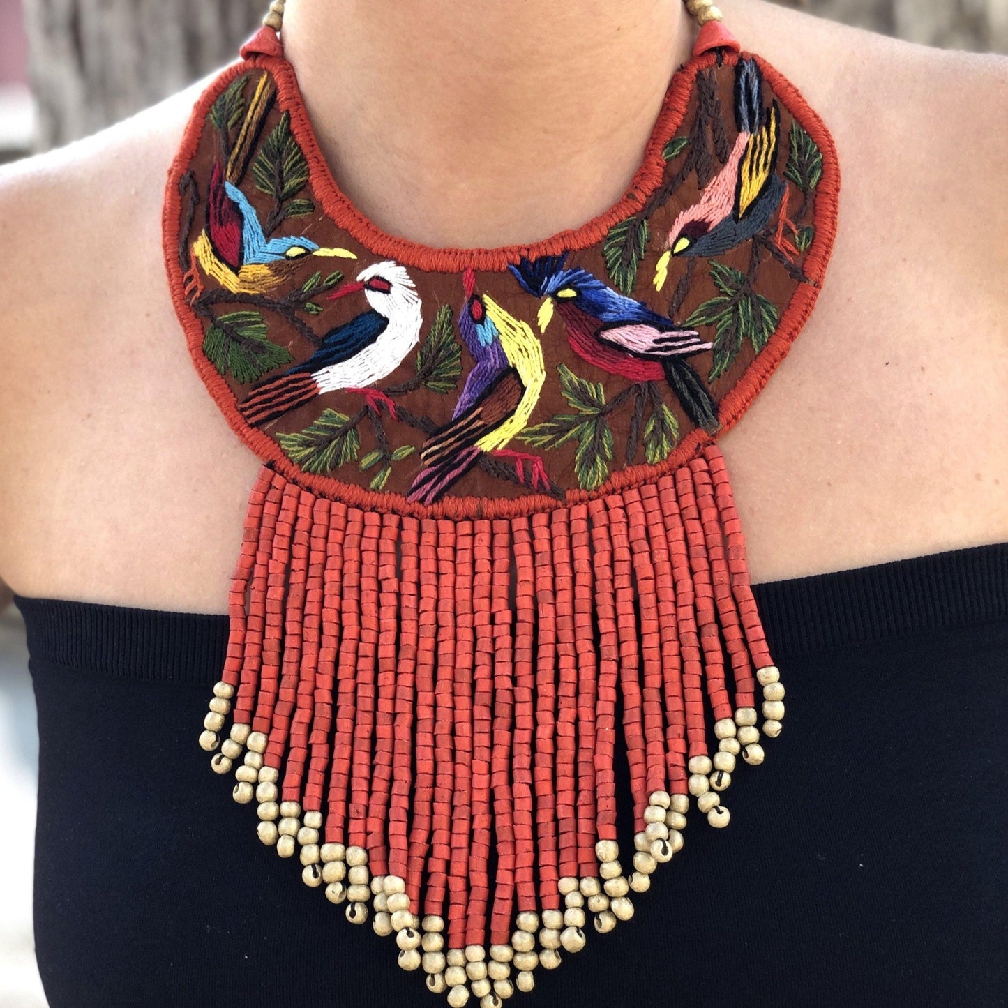 Embroidered Birds Necklaces - "Santiago Birds"