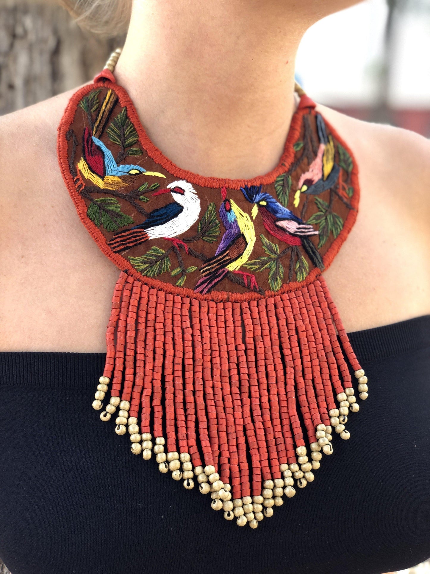 Embroidered Birds Necklaces - "Santiago Birds"