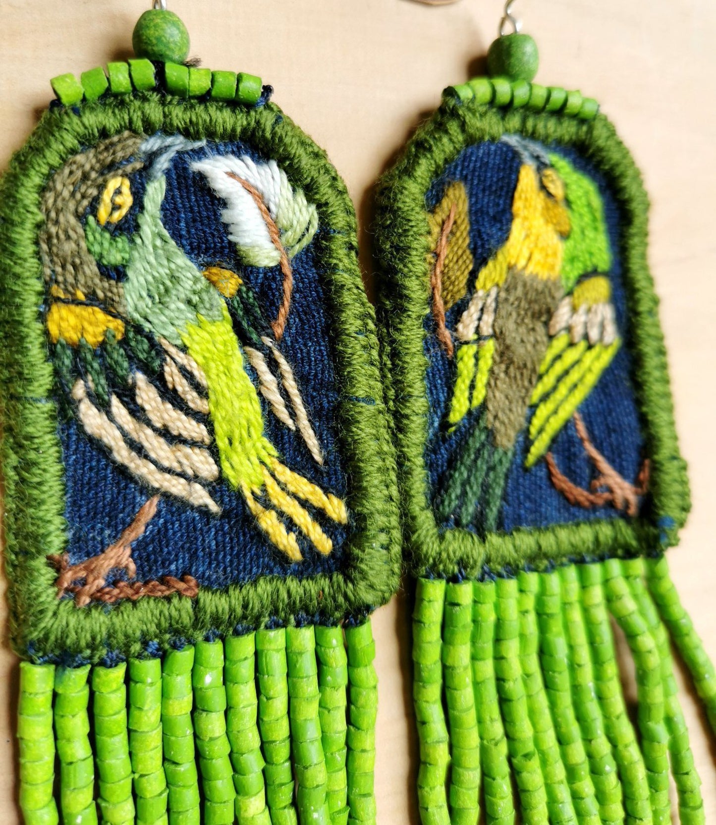Embroidered Birds, Beaded, Dangle Earrings- "Santiago Birds", handmade