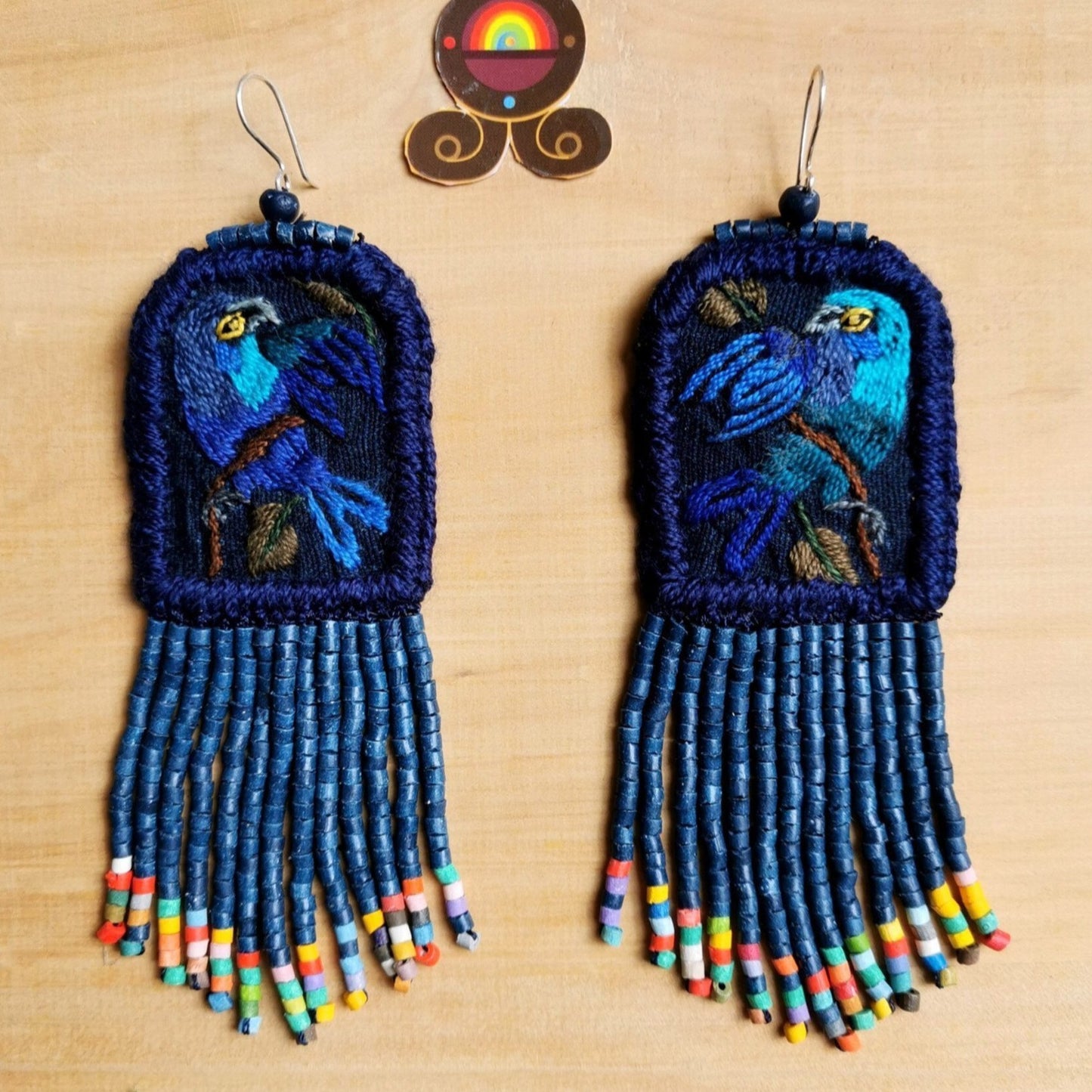 Embroidered Birds, Beaded, Dangle Earrings- "Santiago Birds", handmade