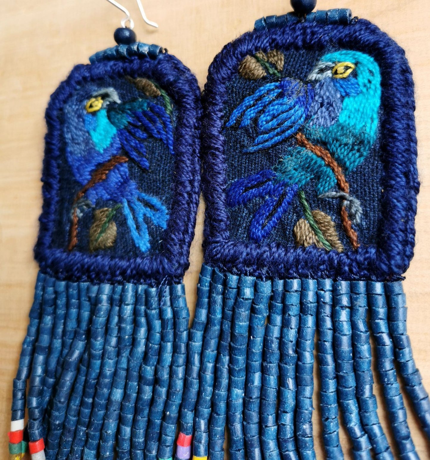 Embroidered Birds, Beaded, Dangle Earrings- "Santiago Birds", handmade