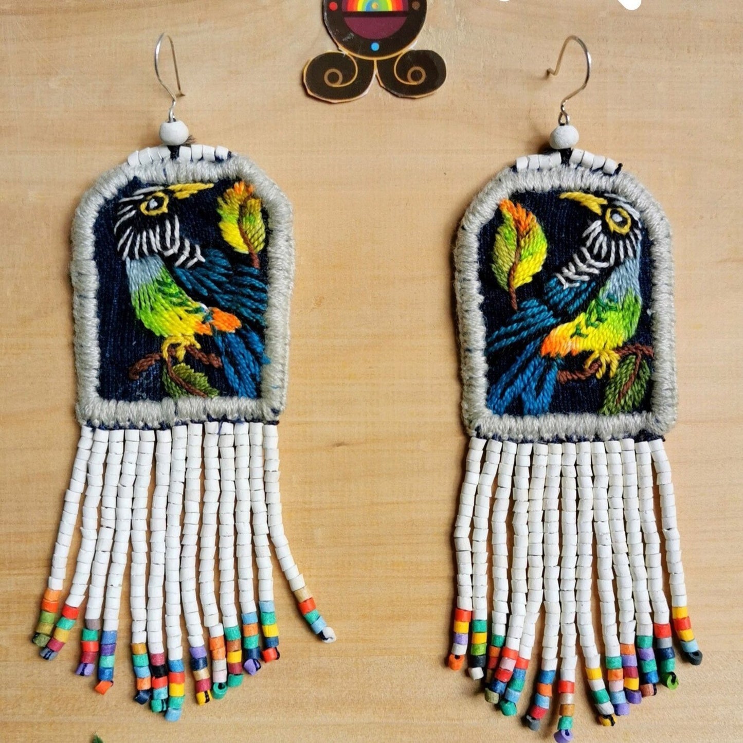 Embroidered Birds, Beaded, Dangle Earrings- "Santiago Birds", handmade