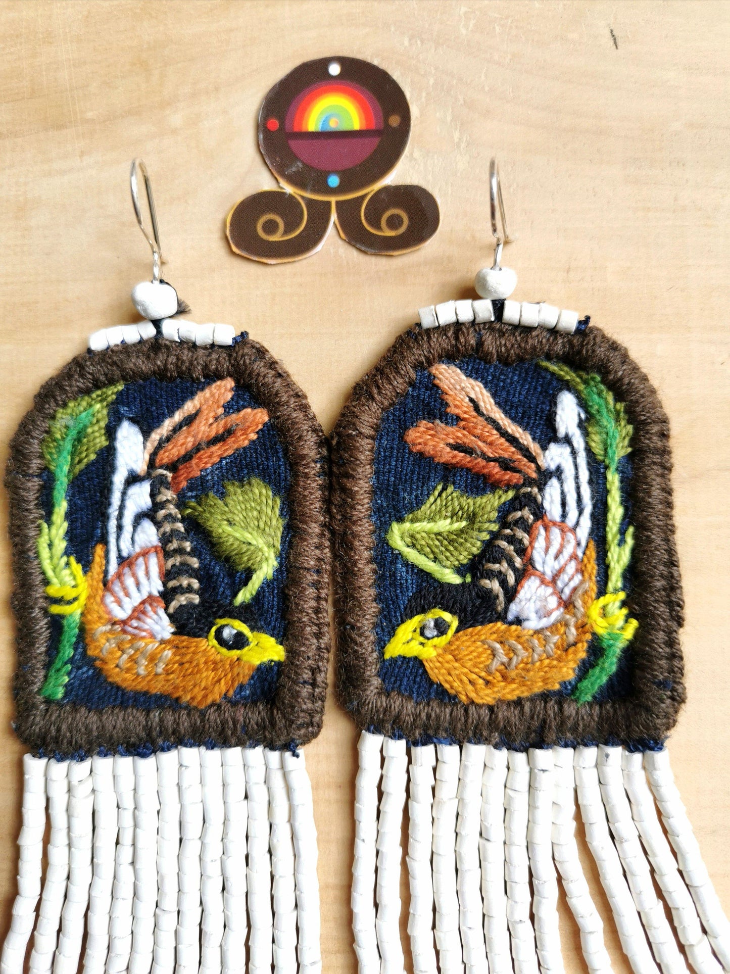 Embroidered Birds, Beaded, Dangle Earrings- "Santiago Birds", handmade