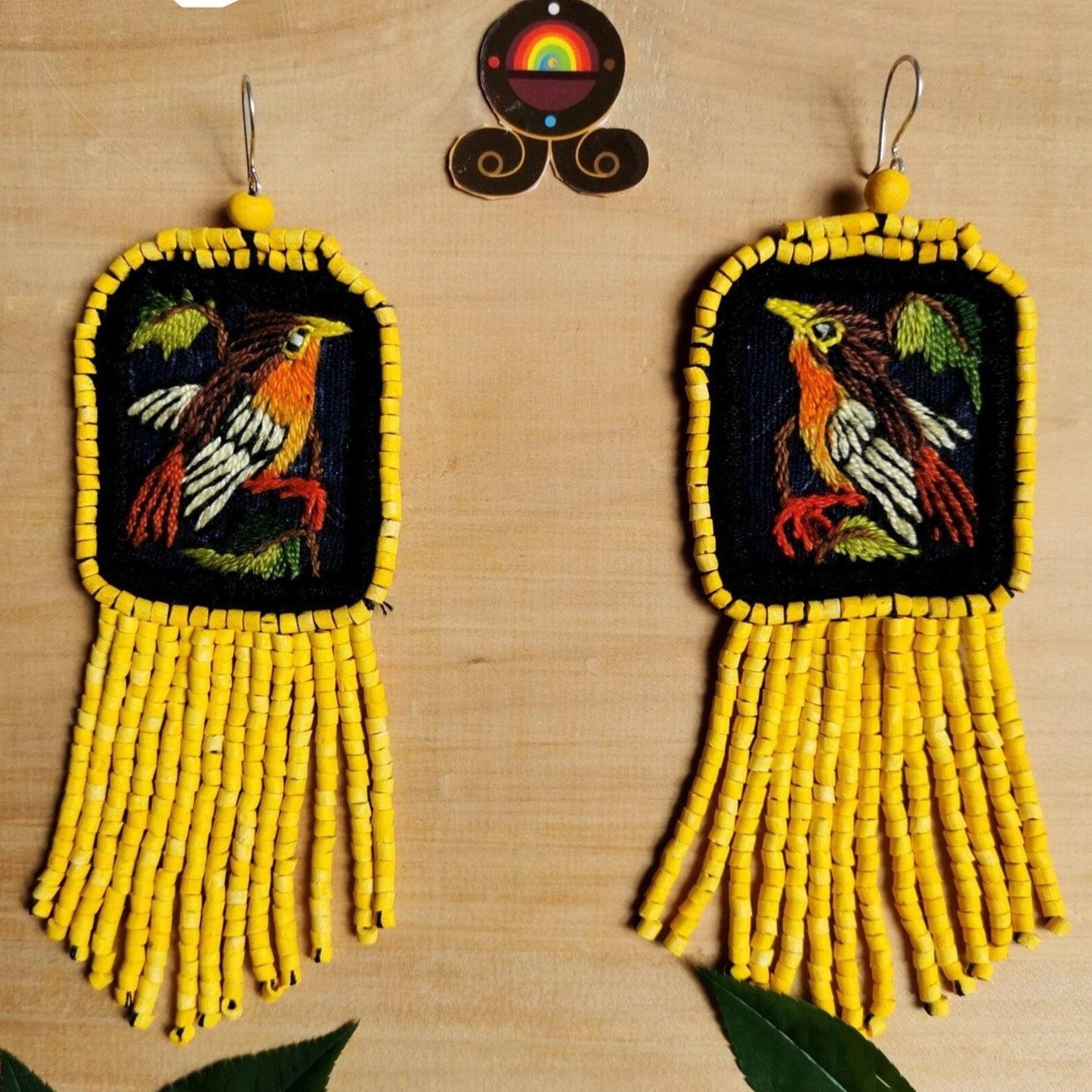 Embroidered Birds, Beaded, Dangle Earrings- "Santiago Birds", handmade