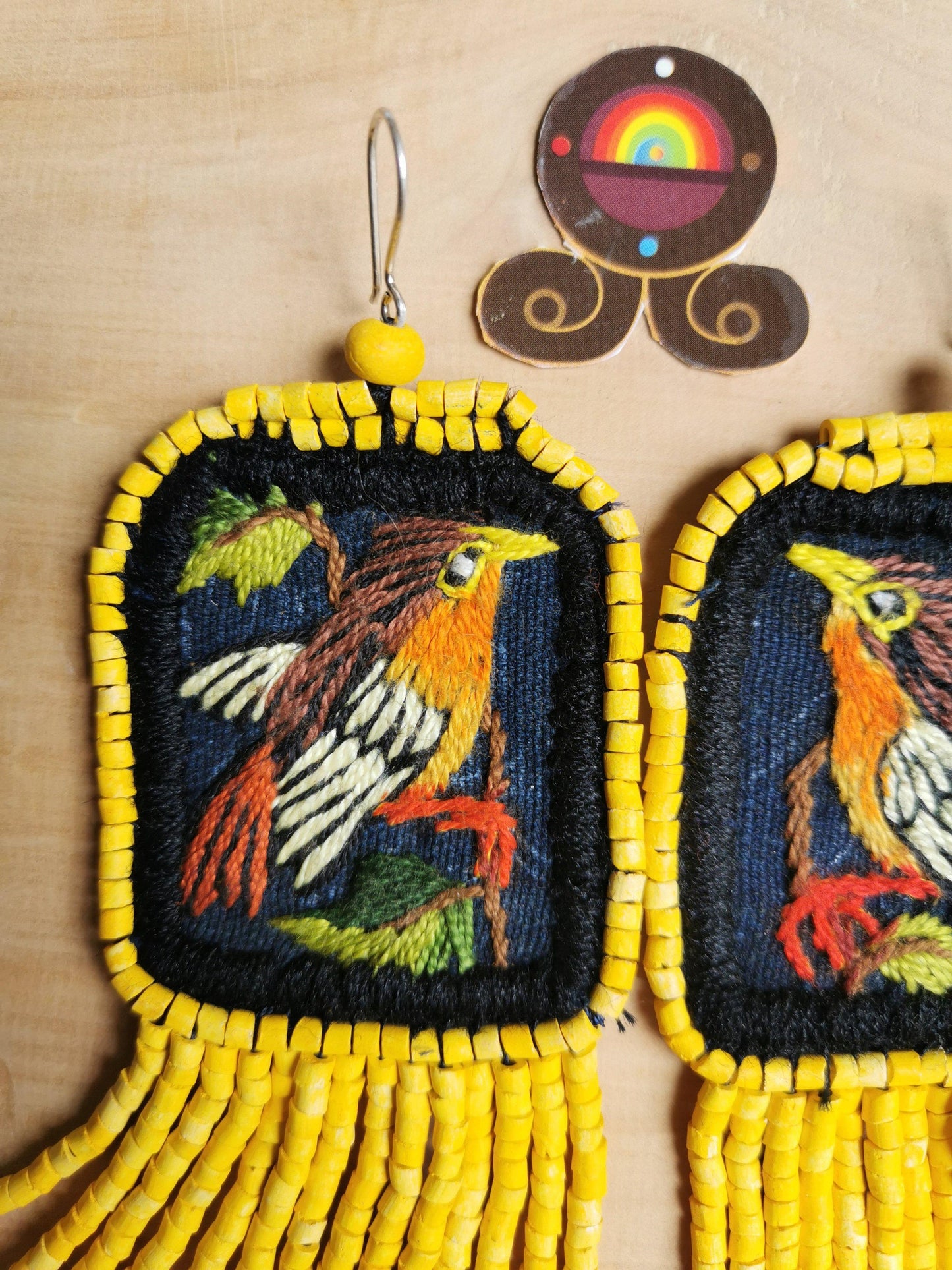 Embroidered Birds, Beaded, Dangle Earrings- "Santiago Birds", handmade