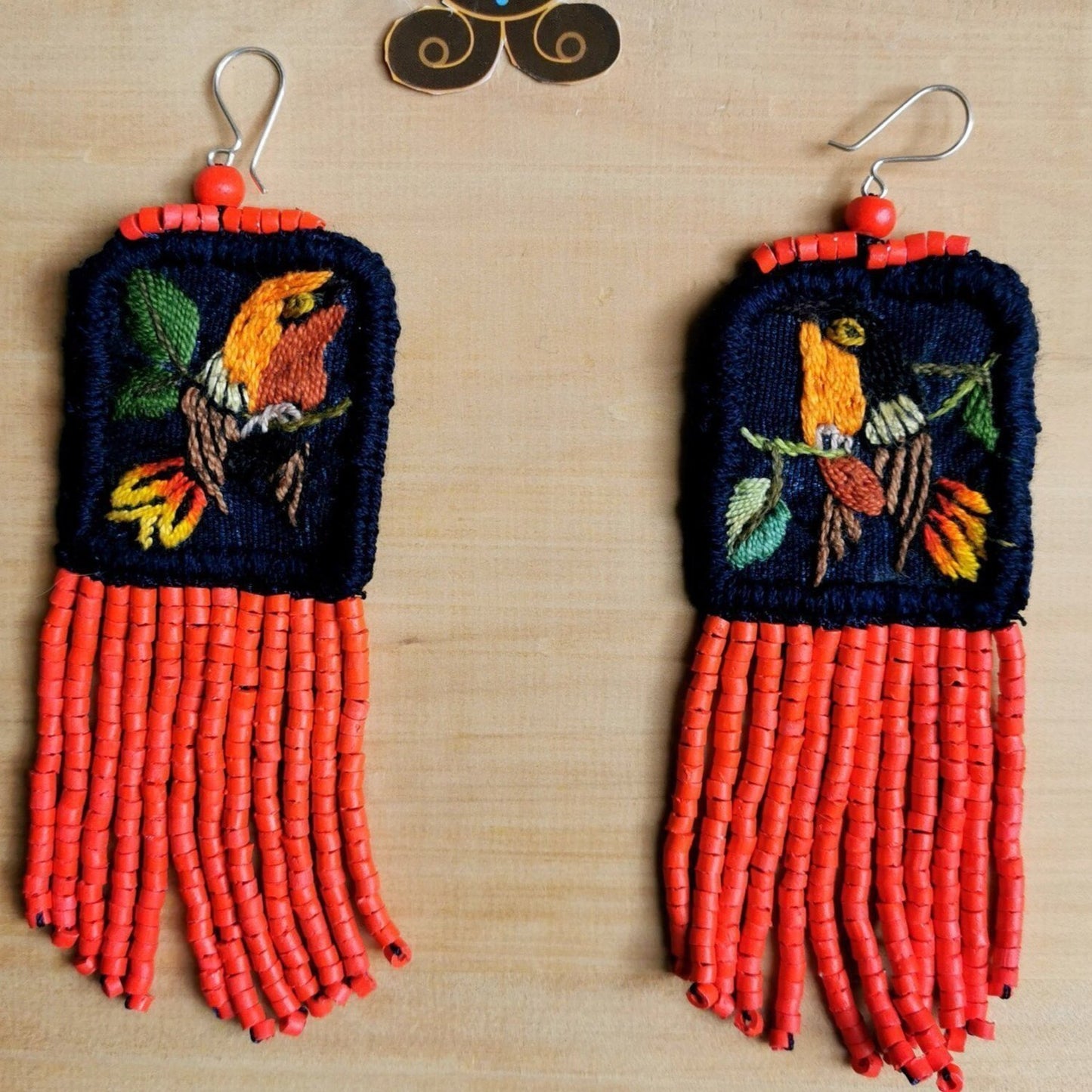 Embroidered Birds, Beaded, Dangle Earrings- "Santiago Birds", handmade