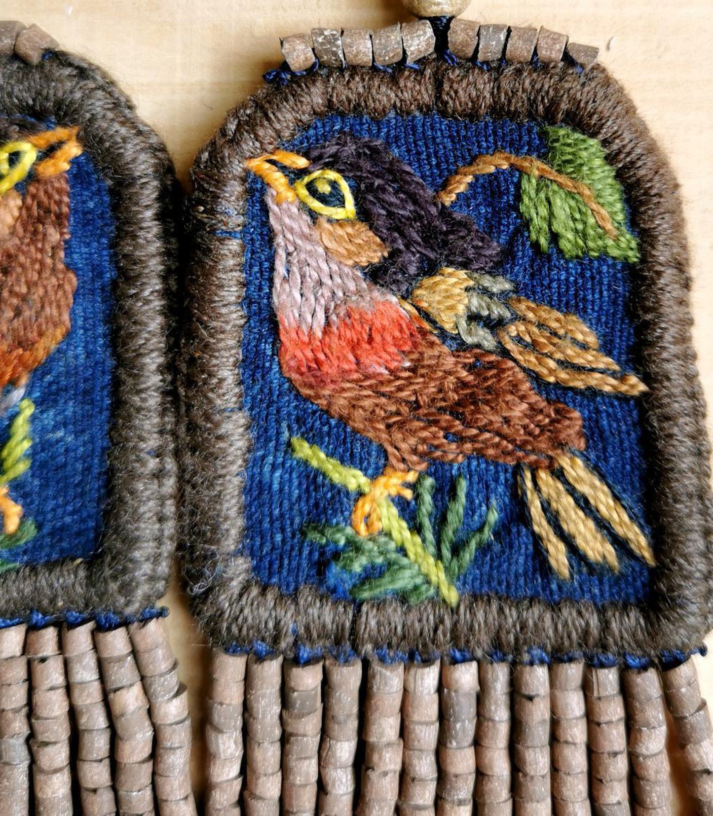 Embroidered Birds, Beaded, Dangle Earrings- "Santiago Birds", handmade