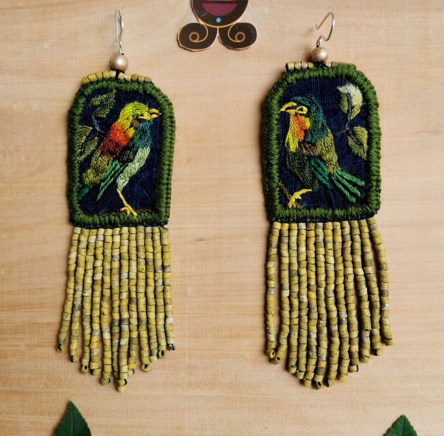 Embroidered Birds, Beaded, Dangle Earrings- "Santiago Birds", handmade