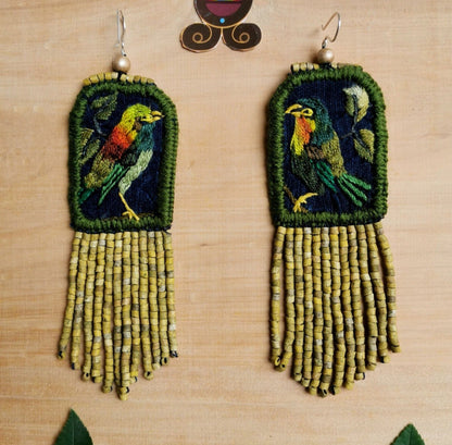 Embroidered Birds, Beaded, Dangle Earrings- "Santiago Birds", handmade