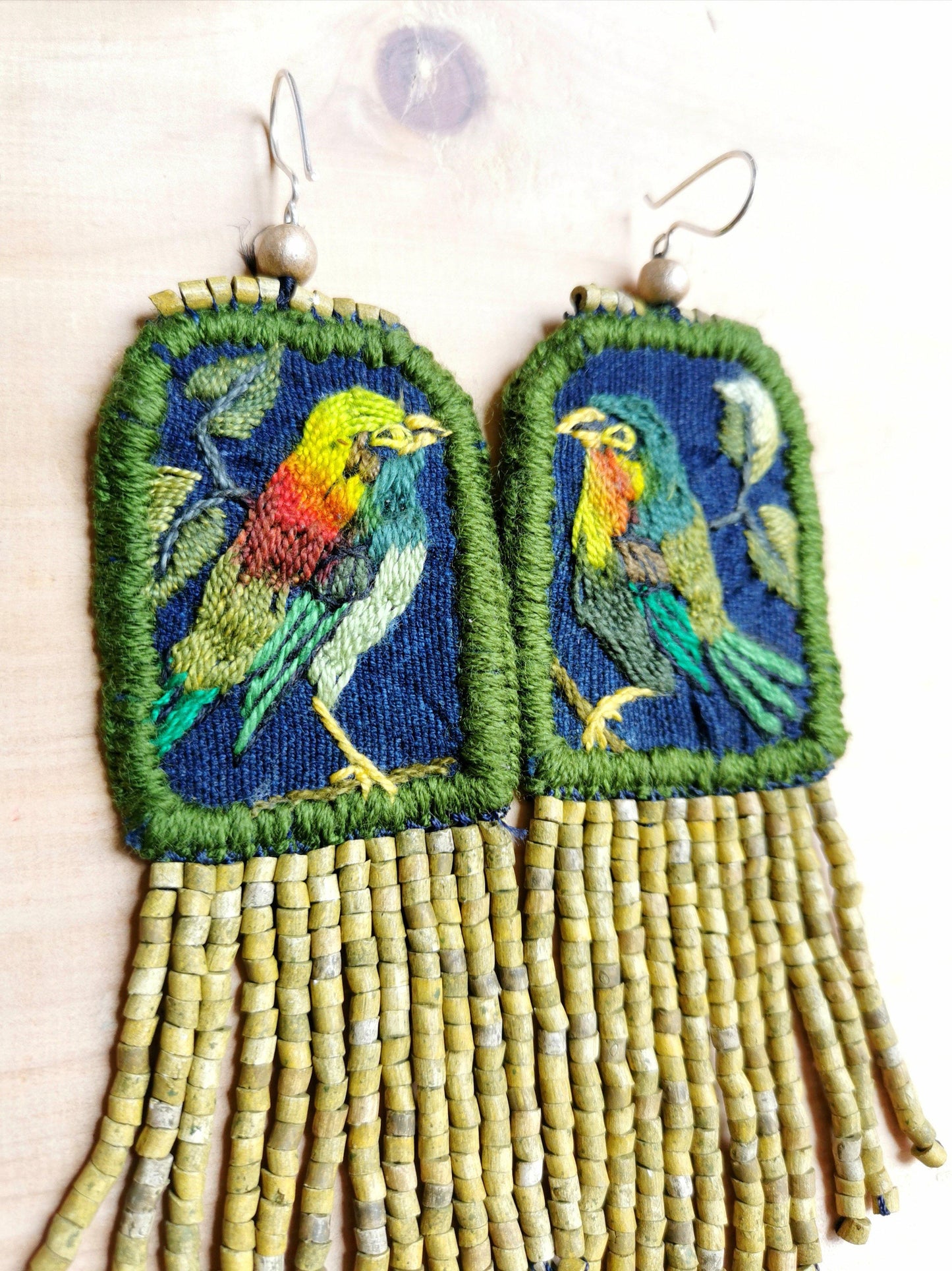 Embroidered Birds, Beaded, Dangle Earrings- "Santiago Birds", handmade