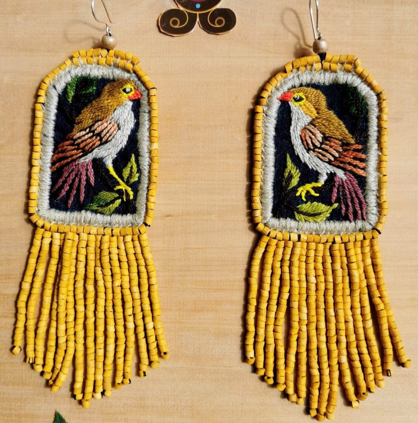 Embroidered Birds, Beaded, Dangle Earrings- "Santiago Birds", handmade