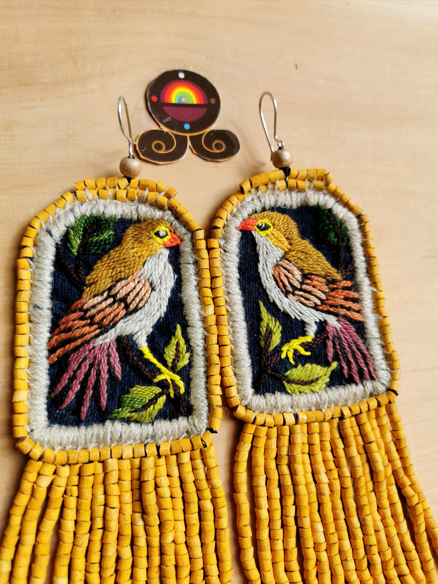 Embroidered Birds, Beaded, Dangle Earrings- "Santiago Birds", handmade