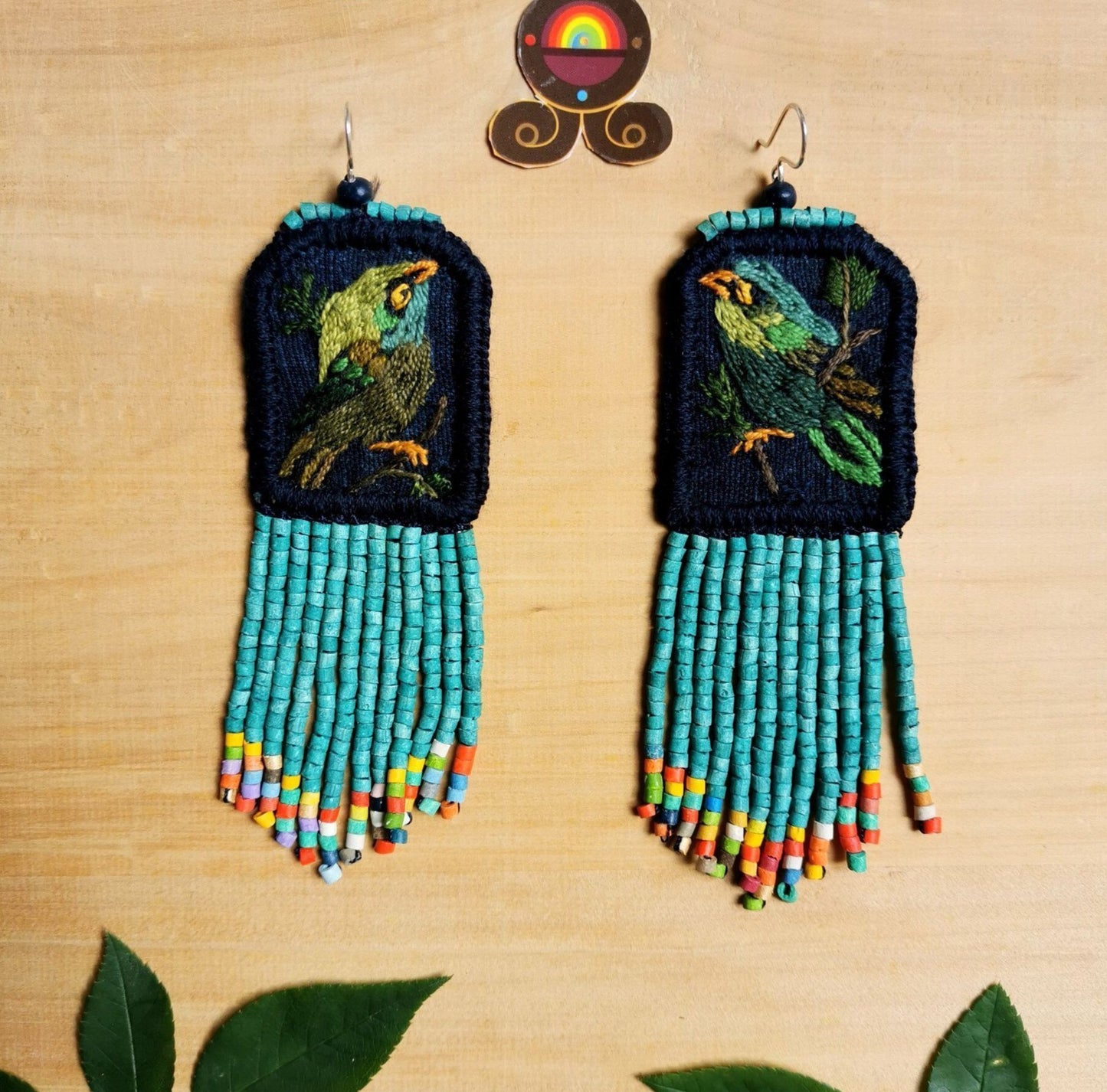 Embroidered Birds, Beaded, Dangle Earrings- "Santiago Birds", handmade