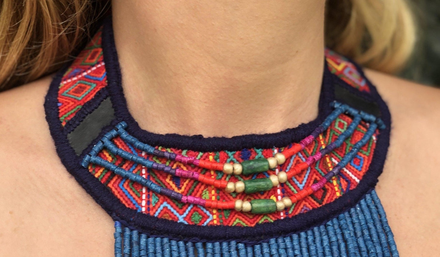 Ceremonial Textile Necklaces with Precious Stones - "Semuc Champey"