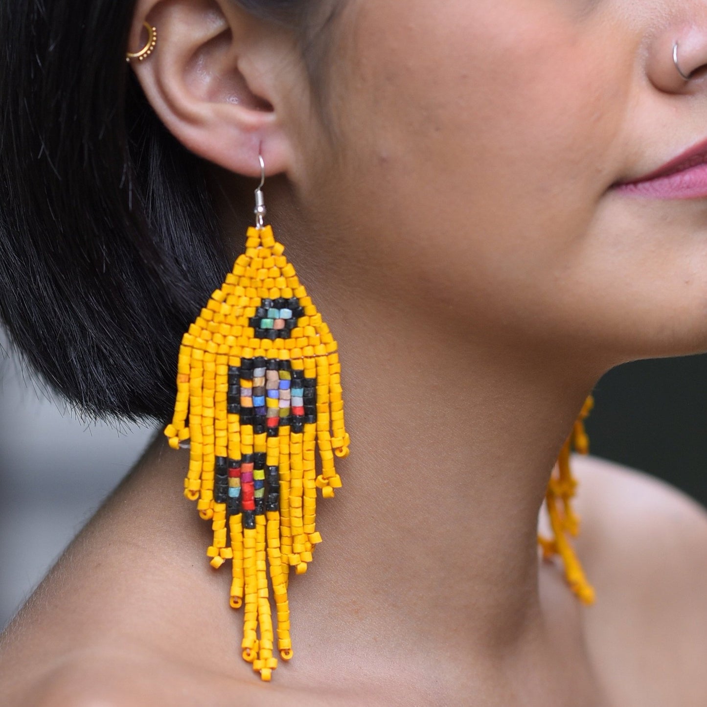 Long Beaded, Dangle Earrings - "Tikal Bumblebee", handmade