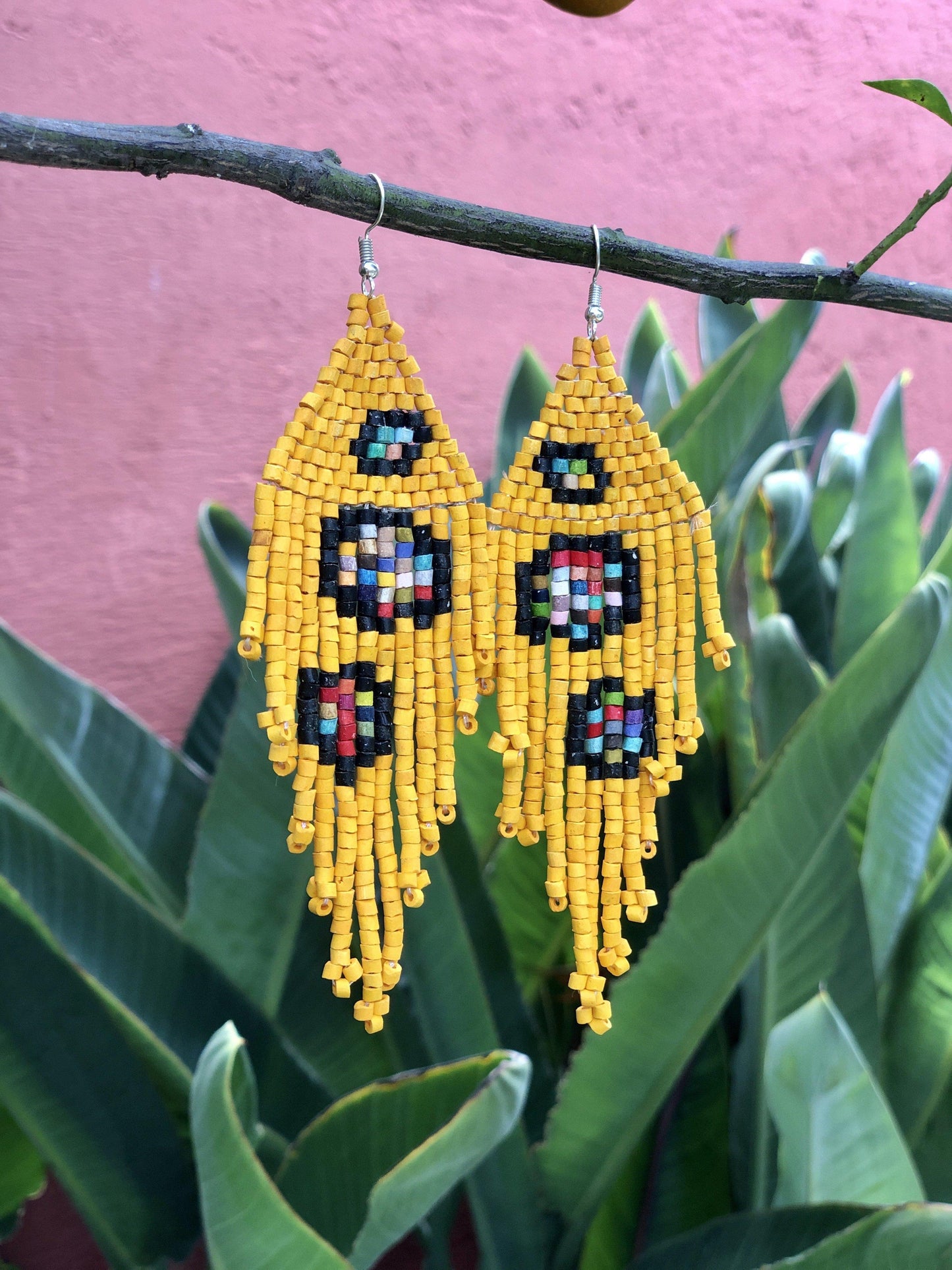 Long Beaded, Dangle Earrings - "Tikal Bumblebee", handmade