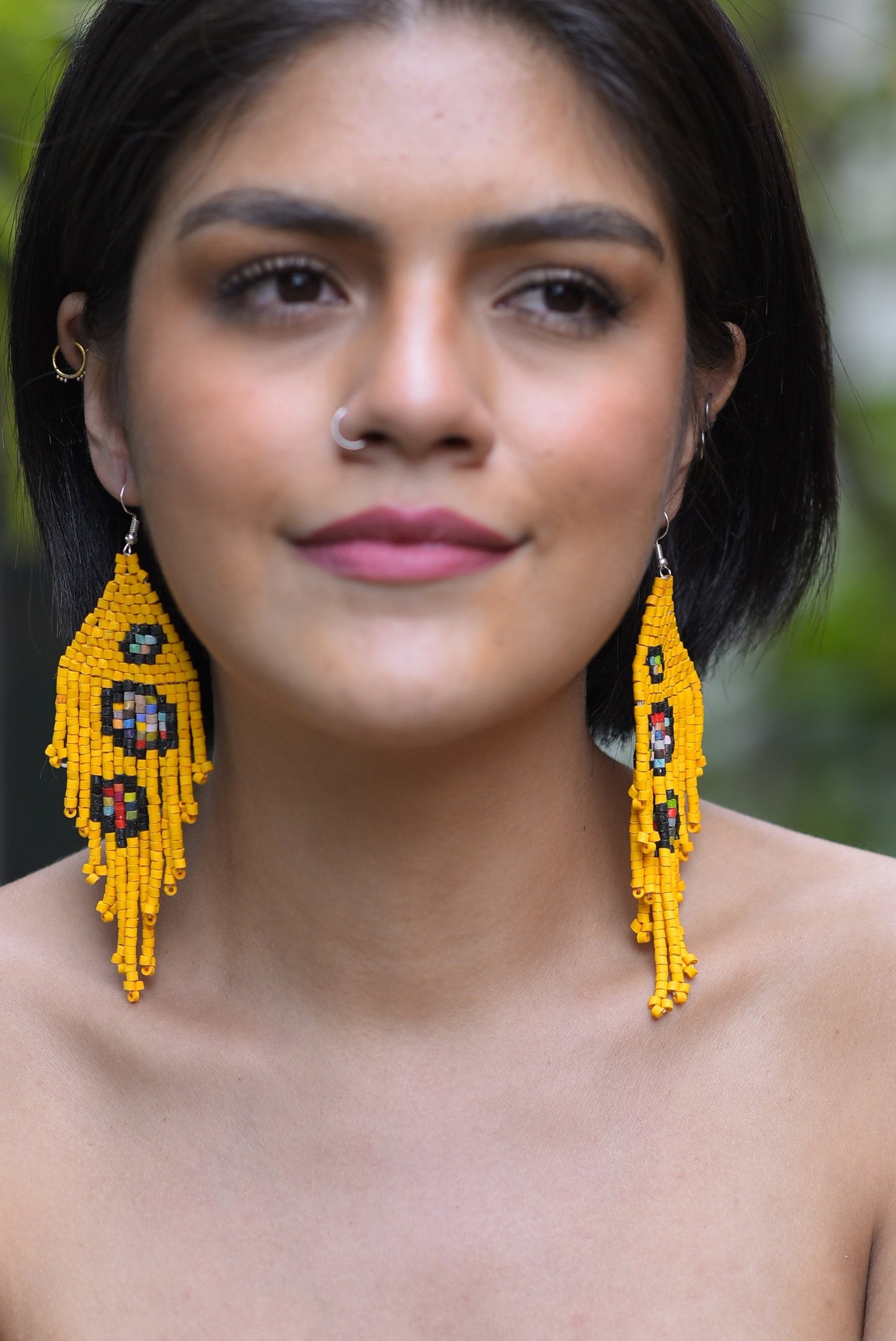 Long Beaded, Dangle Earrings - "Tikal Bumblebee", handmade