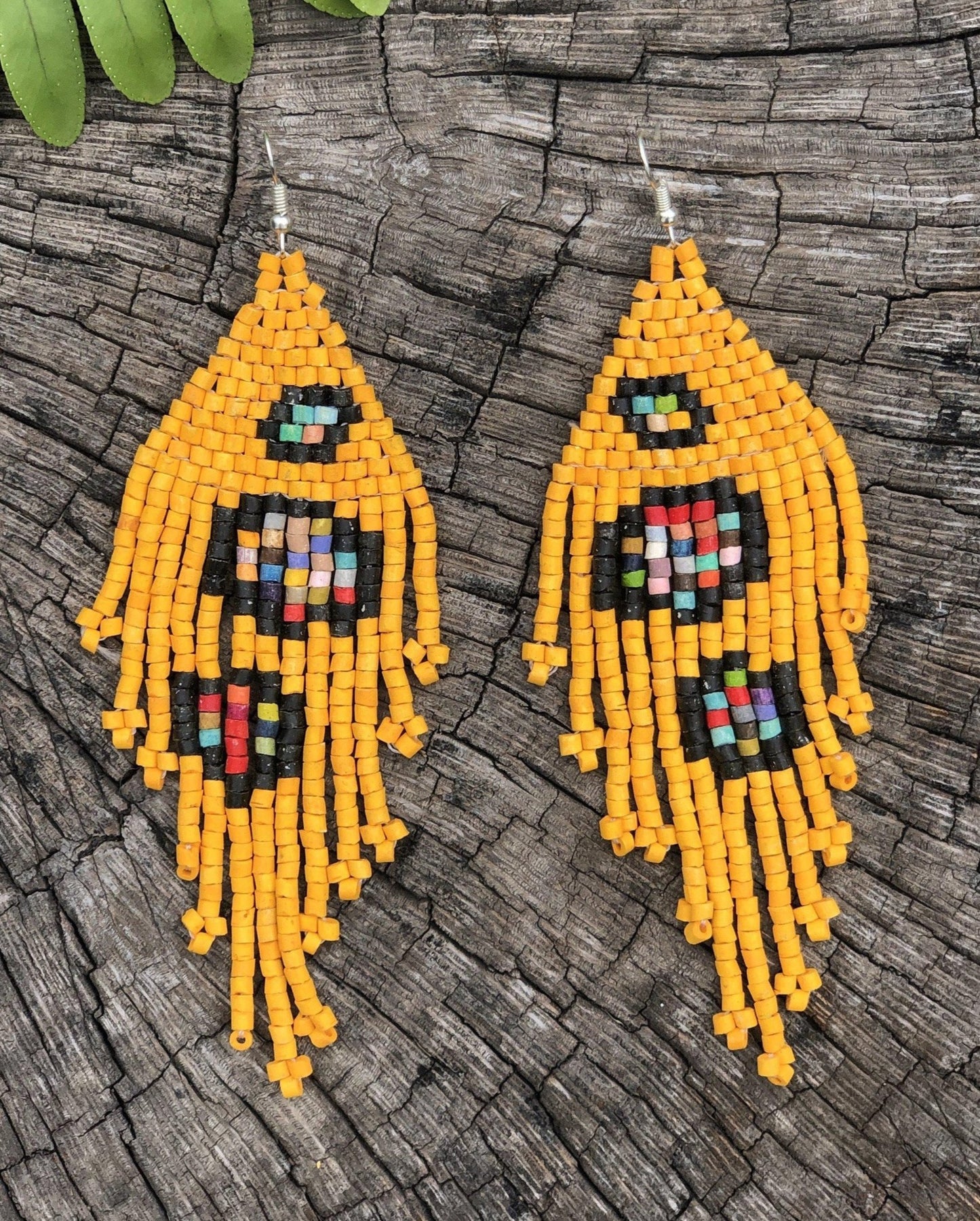 Long Beaded, Dangle Earrings - "Tikal Bumblebee", handmade