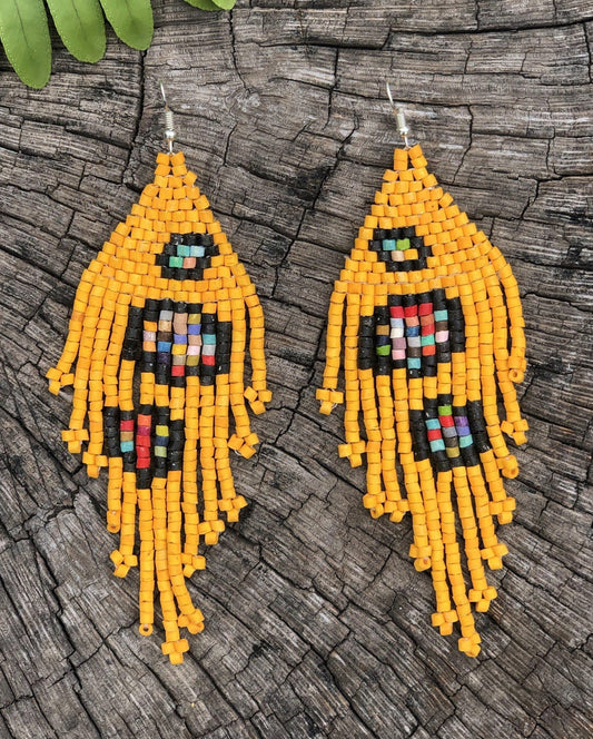 Pendientes colgantes largos con cuentas - "Tikal Bumblebee", hechos a mano