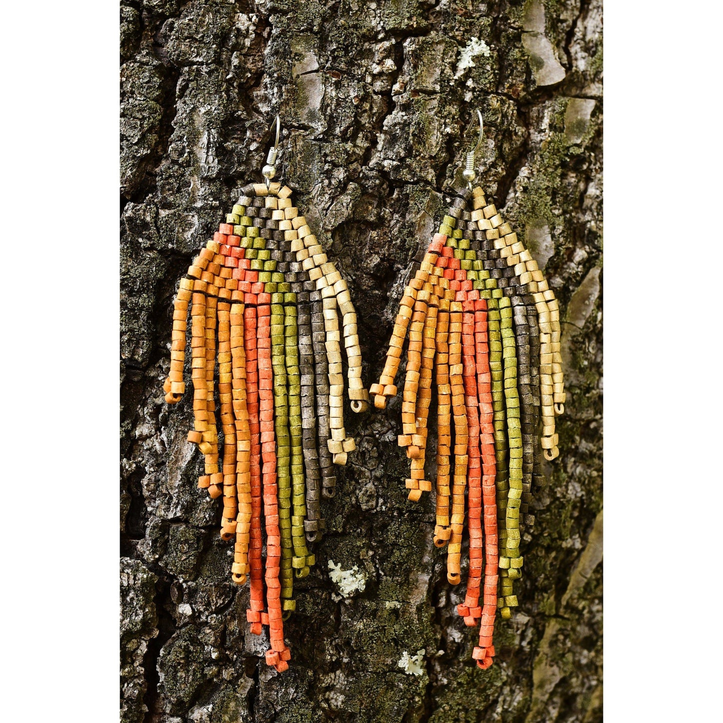 Pendientes colgantes largos con cuentas - "Tikal Synergy Earth", hechos a mano
