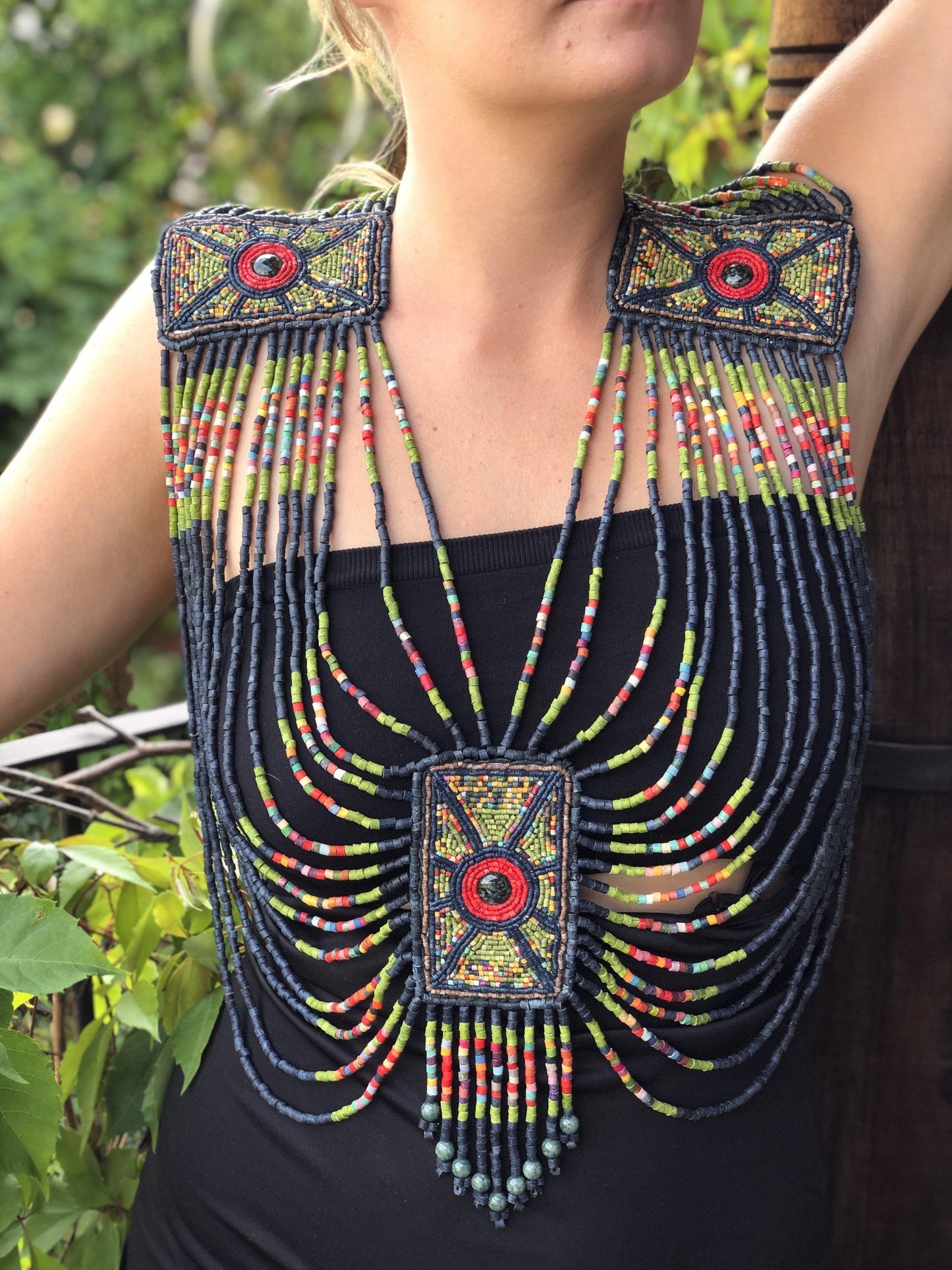 Beaded Chains Shoulder Pieces with Decorative Patches - "Warrior"