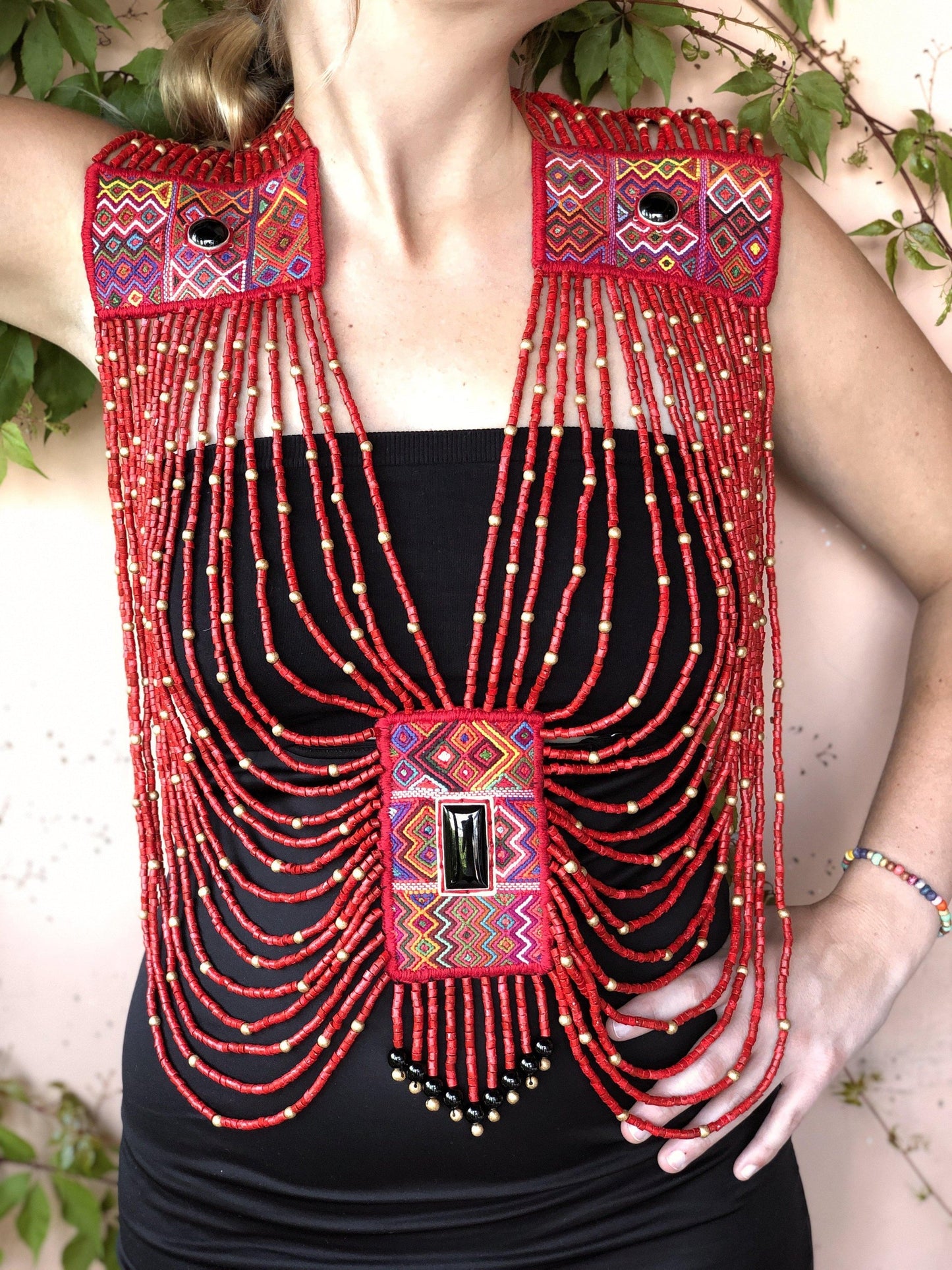 Beaded Chains Shoulder Pieces with Decorative Patches - "Warrior"