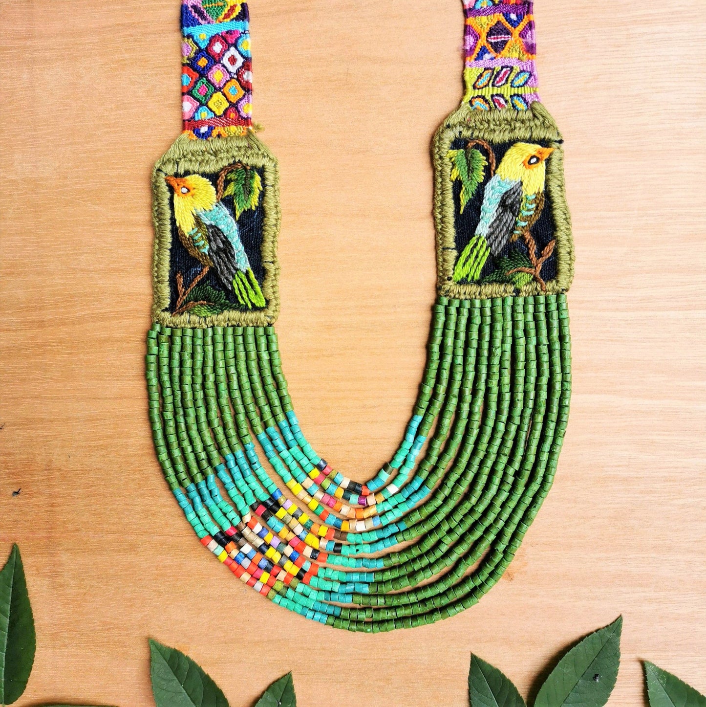 Embroidered Birds Textile Necklaces - "Santiago x Zunil"