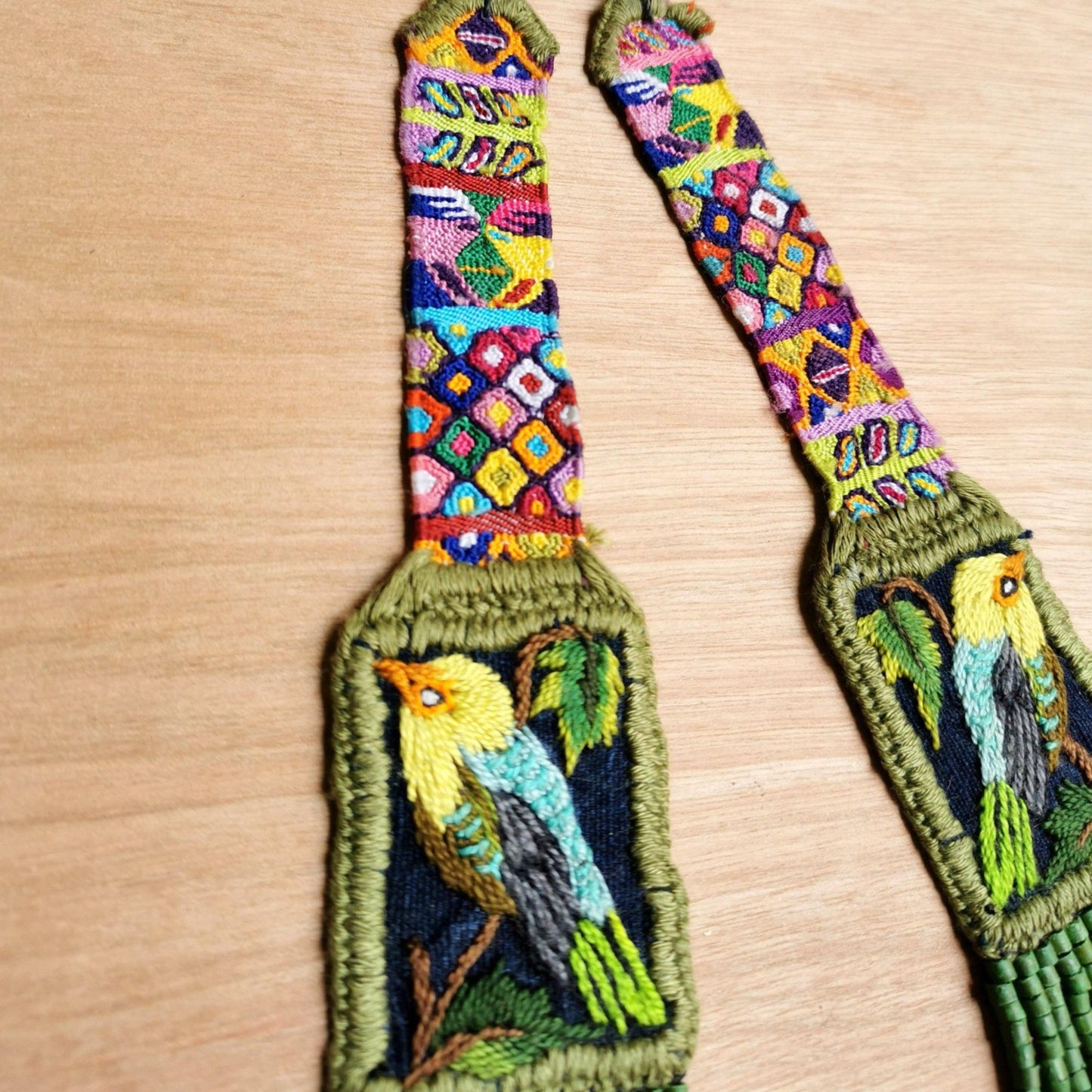 Embroidered Birds Textile Necklaces - "Santiago x Zunil"
